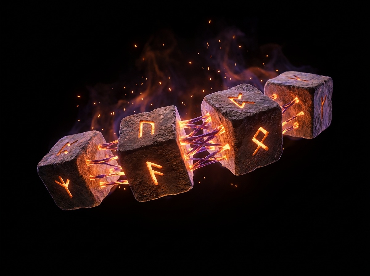 A chain of carved stone blocks with glowing runes linked by ember light