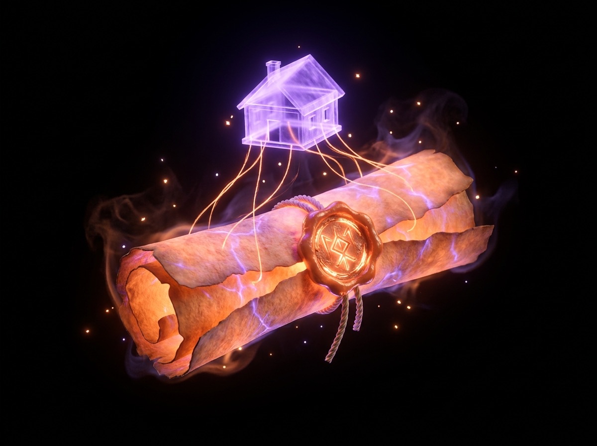 An enchanted property deed with a glowing house of light tethered to it