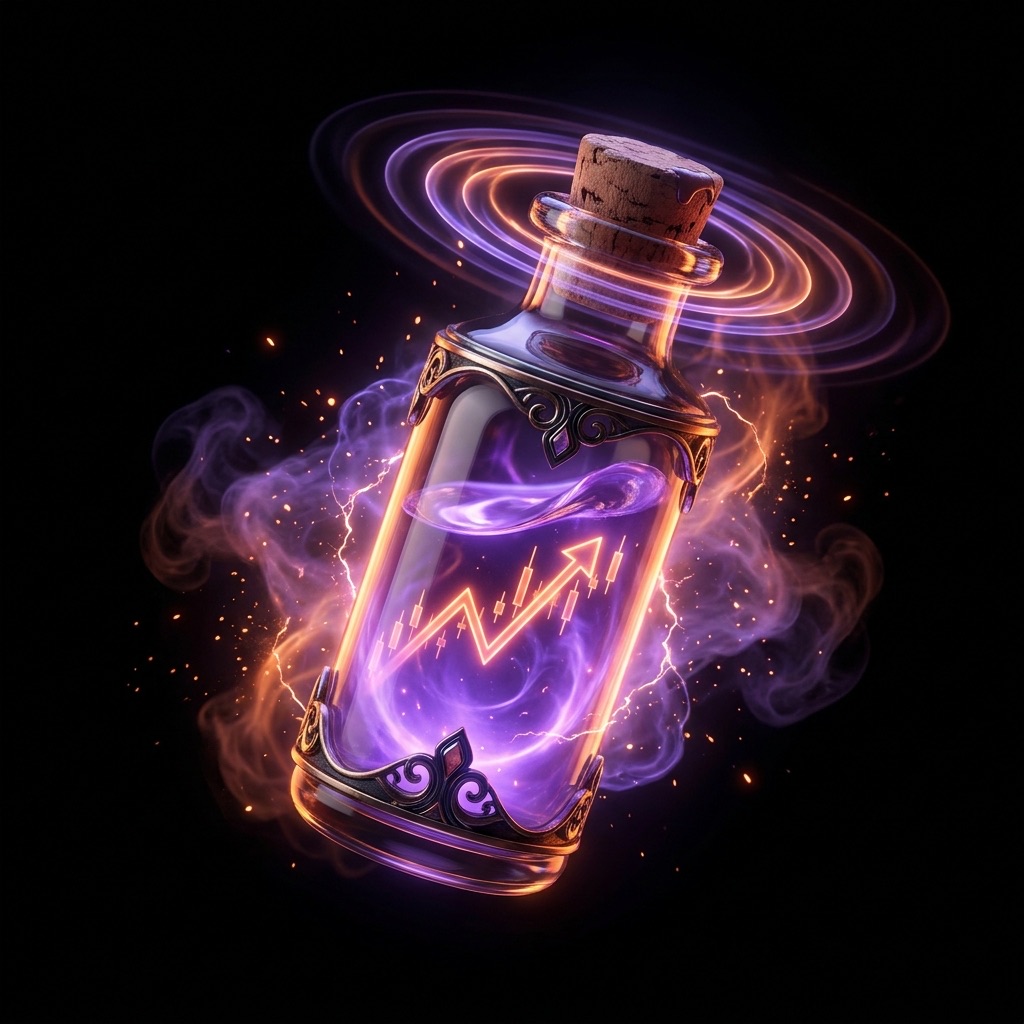 A tall corked vial of glowing violet elixir with an ember signal line rising inside