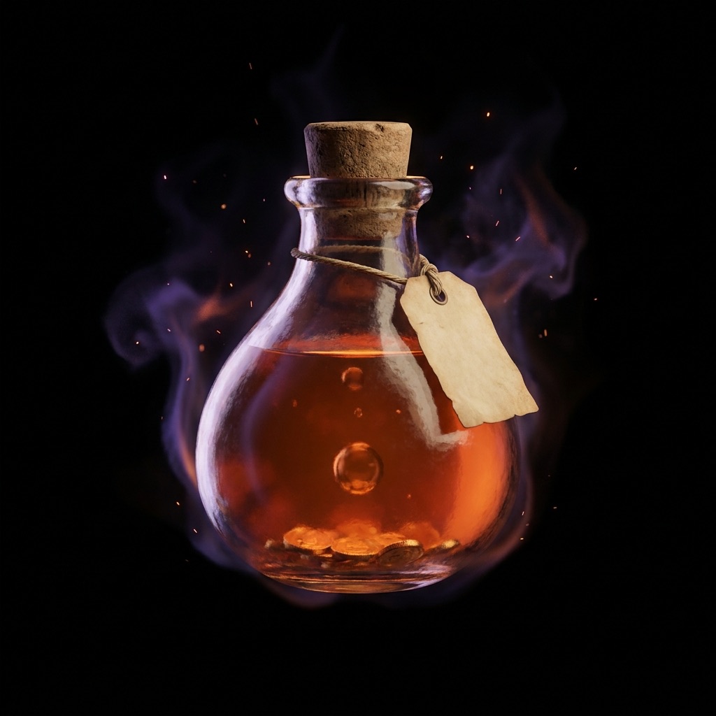 A plump corked potion bottle of warm amber elixir, gold coins settled at the bottom