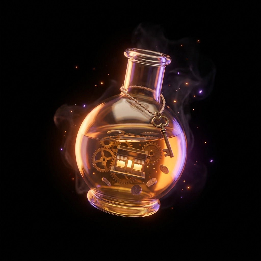A round amber flask with tiny brass gears, a storefront and coins turning inside