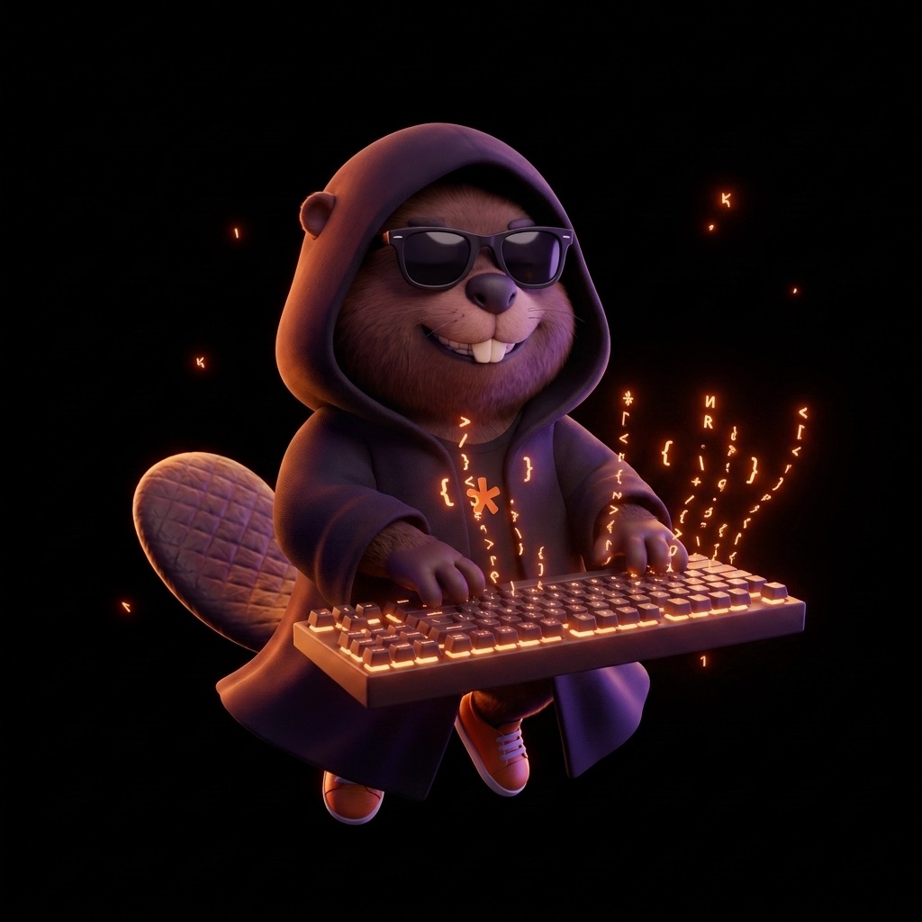 Beaver wizard conjuring code on an enchanted keyboard — the coder