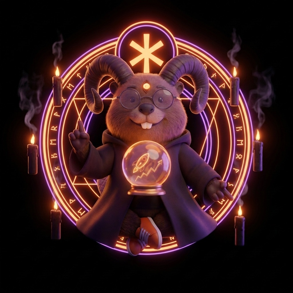 Horned beaver wizard floating in a glowing summoning circle with a crystal ball — the product strategist