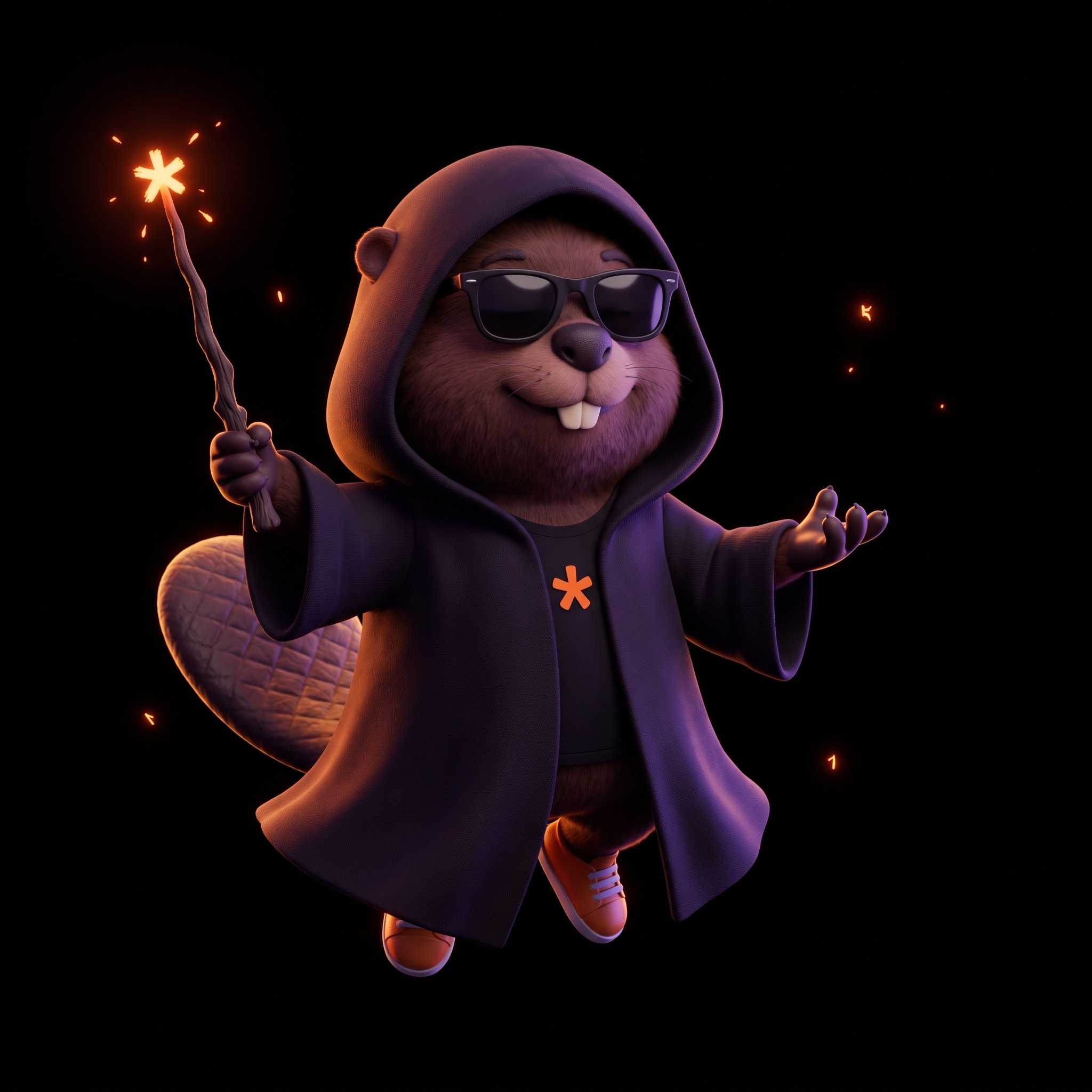 The Mantramaker beaver wizard mascot in a hooded robe, raising a glowing wand